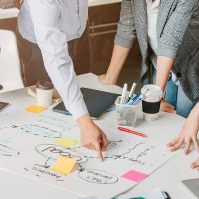 A product development team brainstorm a roadmap to product launch, presentation, planning, strategy, and new business development.