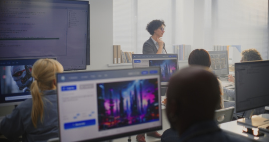 Female teacher stands by a large screen displaying programming code to students.
