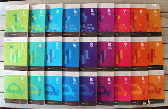 An array of the student printed workbooks spread out on a table.