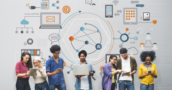 Collage of students working with technology standing in front of a mural.