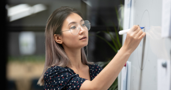 A female teacher concentrates while drawing graphs on a white board, giving a presentation on pedagogy to her colleagues.