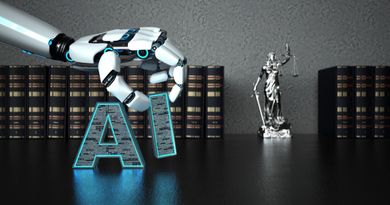A robot hand with the letters AI and a lady justice statue on the wooden table with law books.