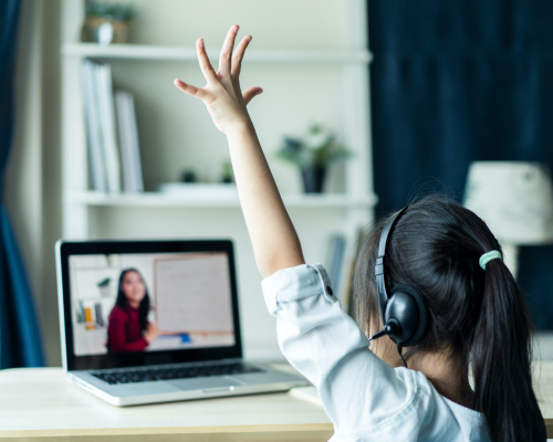 Girl Raising Hand During Virtual Math Class