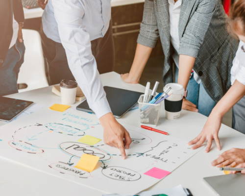 A product development team brainstorm a roadmap to product launch, presentation, planning, strategy, and new business development.