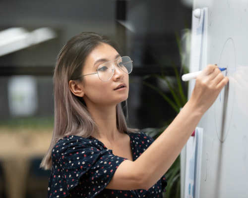 A female teacher concentrates while drawing graphs on a white board, giving a presentation on pedagogy to her colleagues.