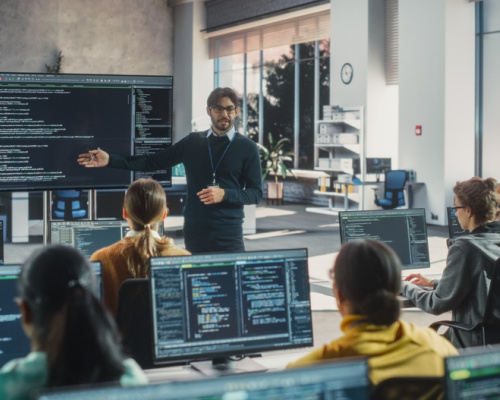 A professor gives a lecture to his software engineering students. 