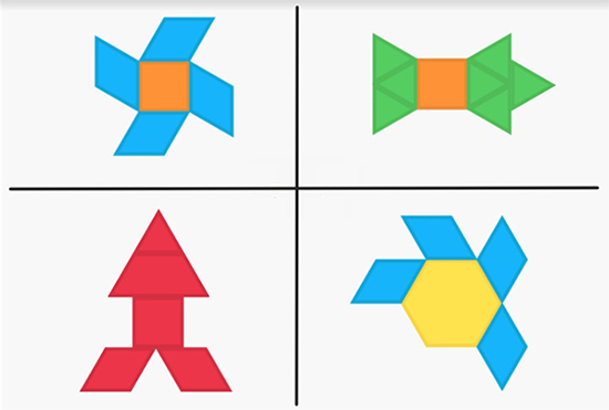 Four shapes, each composed of different colored tiles.